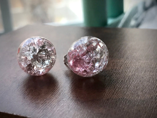Pink shades of crackle glass upcycled vintage stud earrings
