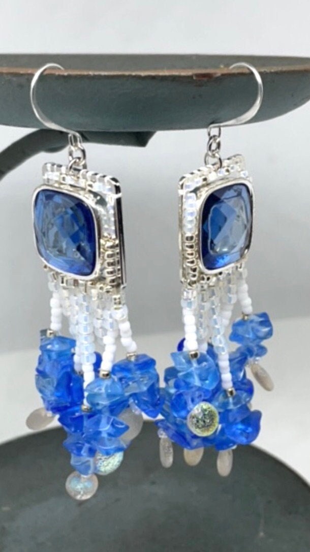 One-of-a-kind mixed material hand beaded dangle beadwork earrings - inspired by the beach - upcycled cabochons, blue glass chips, seed beads