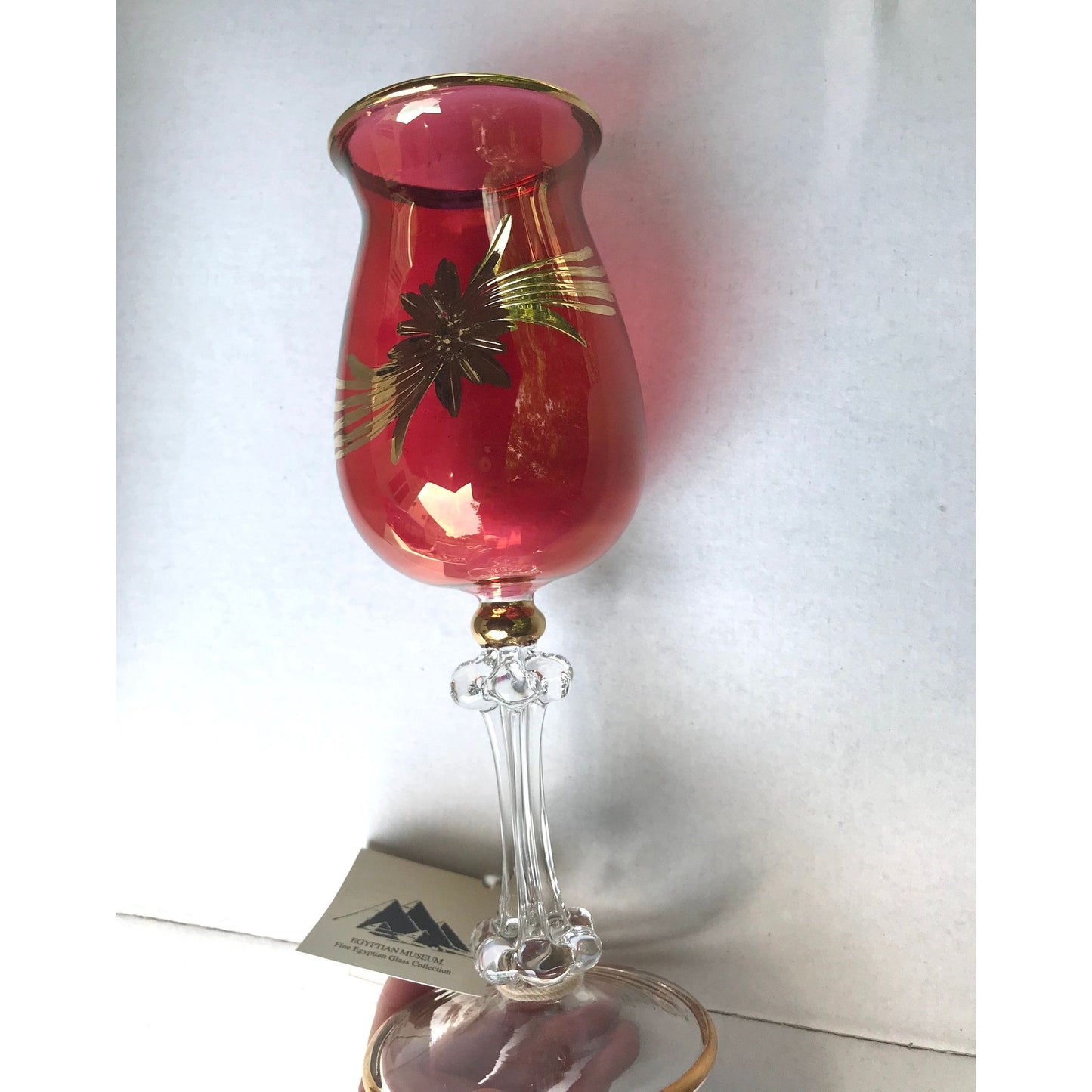 6 Fine Egyptian Museum cranberry mouth blown wine glasses, gold starburst - great for Christmas