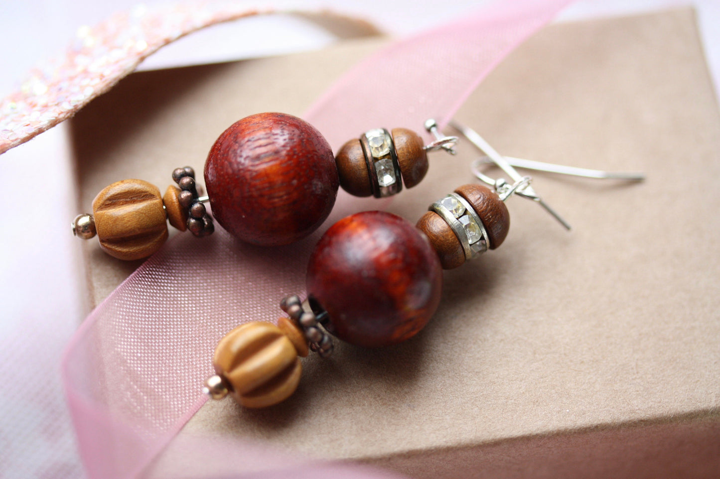 Metal, crystal rhinestone and wood handmade dangle earrings with vintage, upcycled and new elements