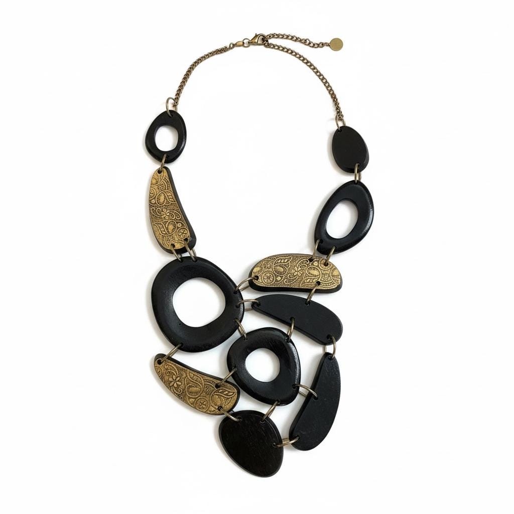 Vintage Wood Statement Necklace | Large Mixed Wood and Brass Tone Links | Boho Artisan Style Necklace | Chunky Wood Jewelry
