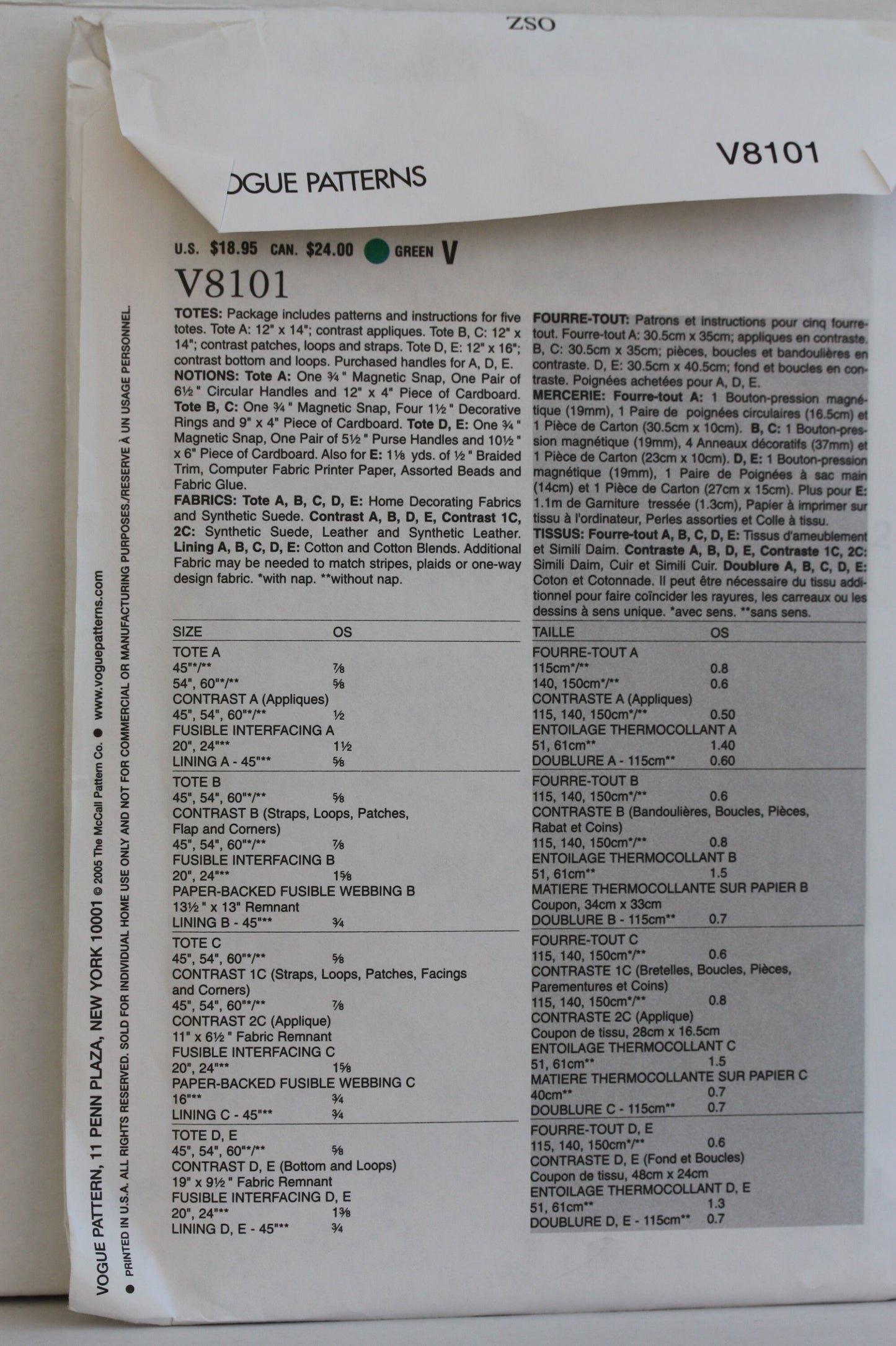 UNCUT Sewing Pattern - Sewing Pattern Vogue V8101 Totes Set, One Size