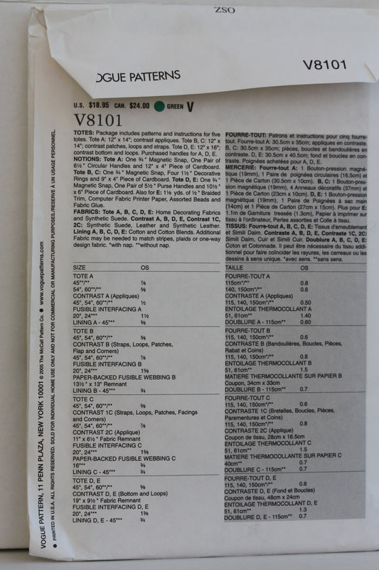 UNCUT Sewing Pattern - Sewing Pattern Vogue V8101 Totes Set, One Size