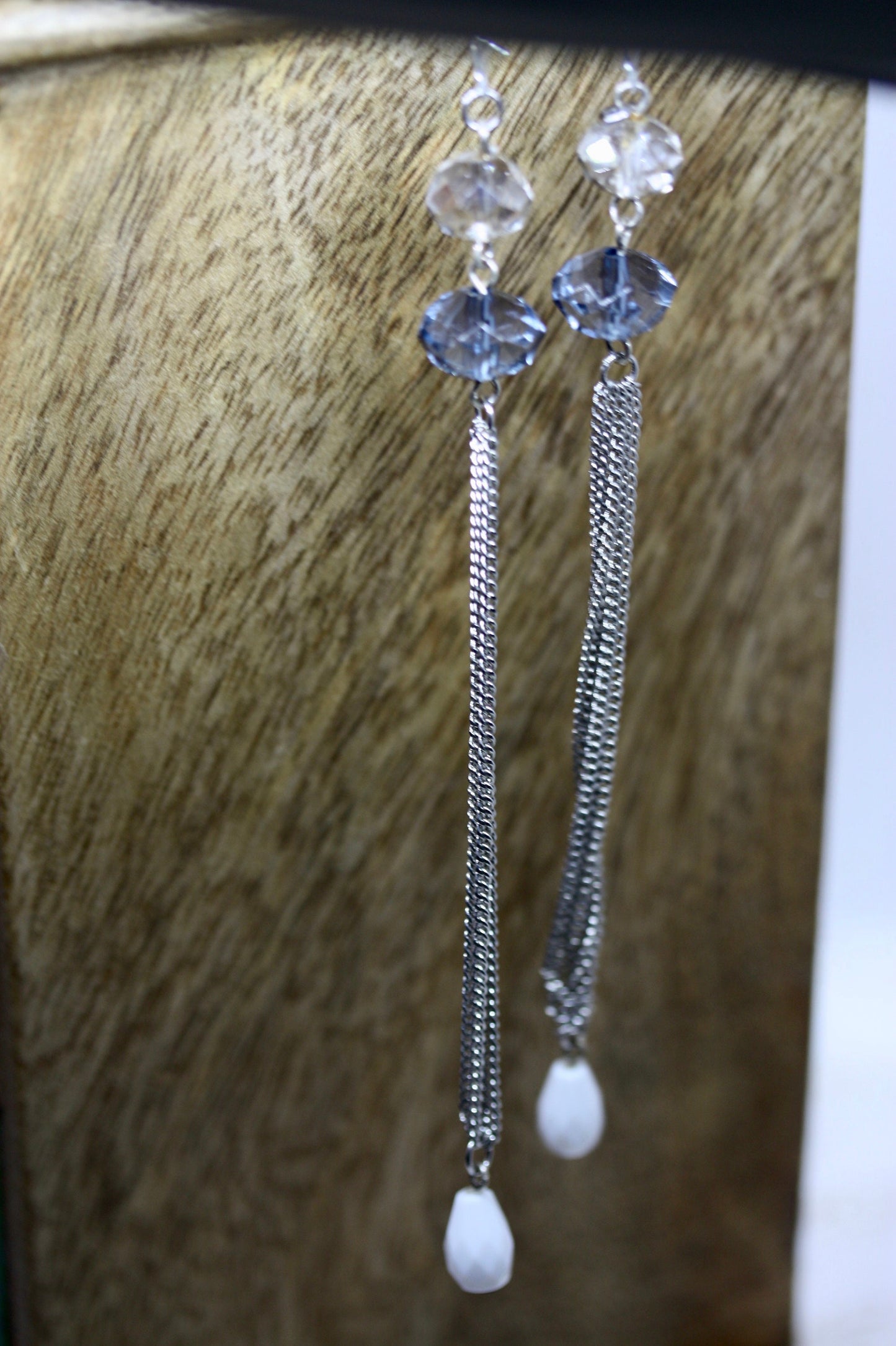Ultra long, ultra sexy blue and white faceted crystals with metal tassel handmade earrings with vintage components