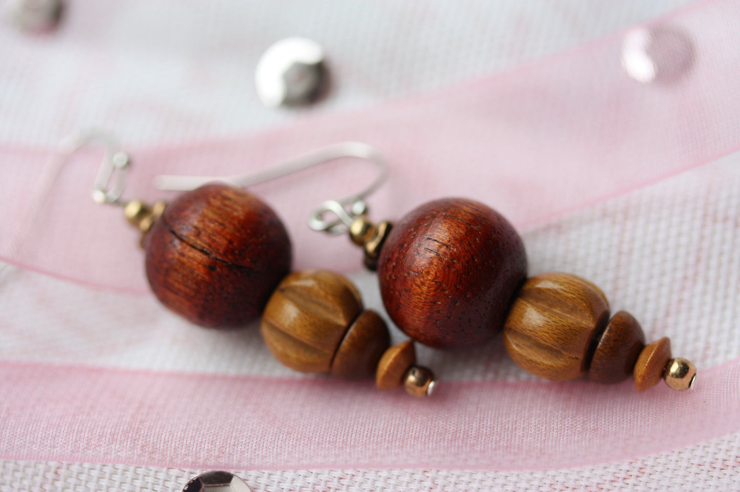 Handmade dangle earrings made with vintage wooden beads