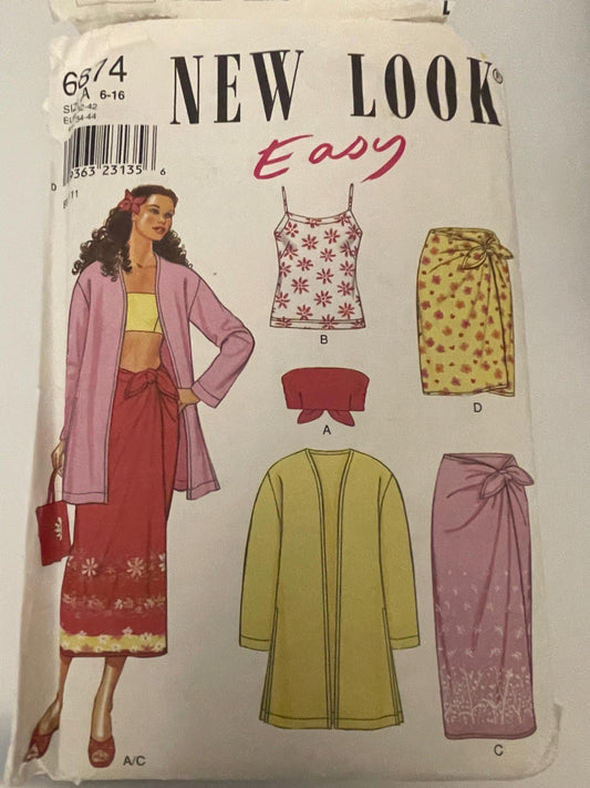 New Look Sewing Pattern 6874 Top Sarong Skirt Bratop JACKET SZ A 6-16 NEW - please read description