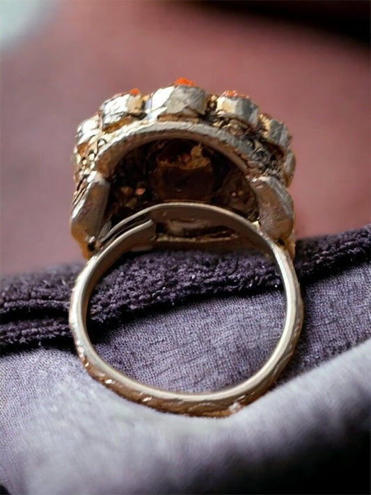 Handmade micro mosaic adjustable ring - Italian inspired - hand cut blue, white and terra cotta colored glass with millefiori