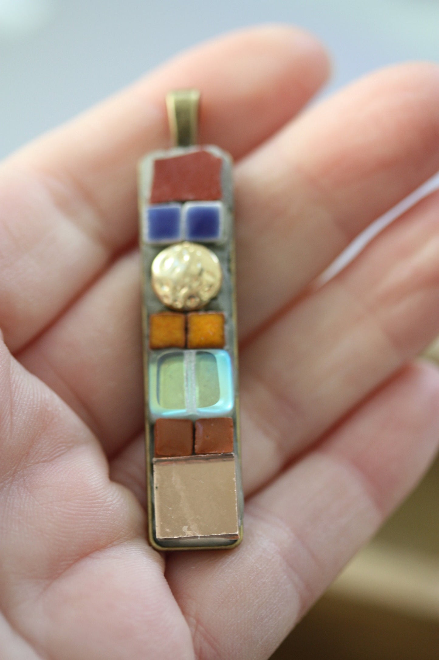 Handmade mixed material mosaic necklace - glass, ceramic tiles, rose gold colored mirror, upcycled goldtone hammered metal