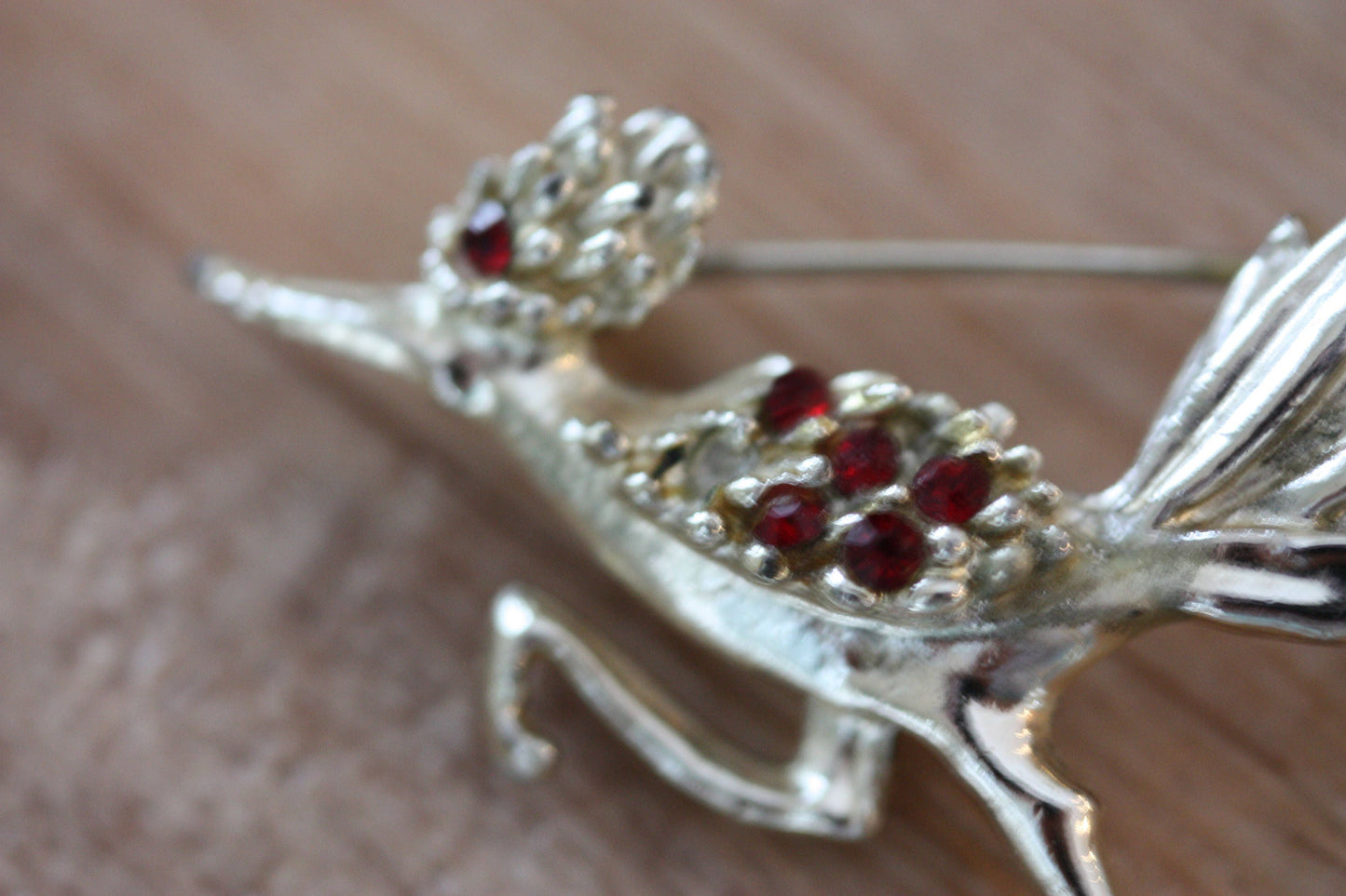 Unique red rhinestone vintage bird pin- silver with red rhinestones