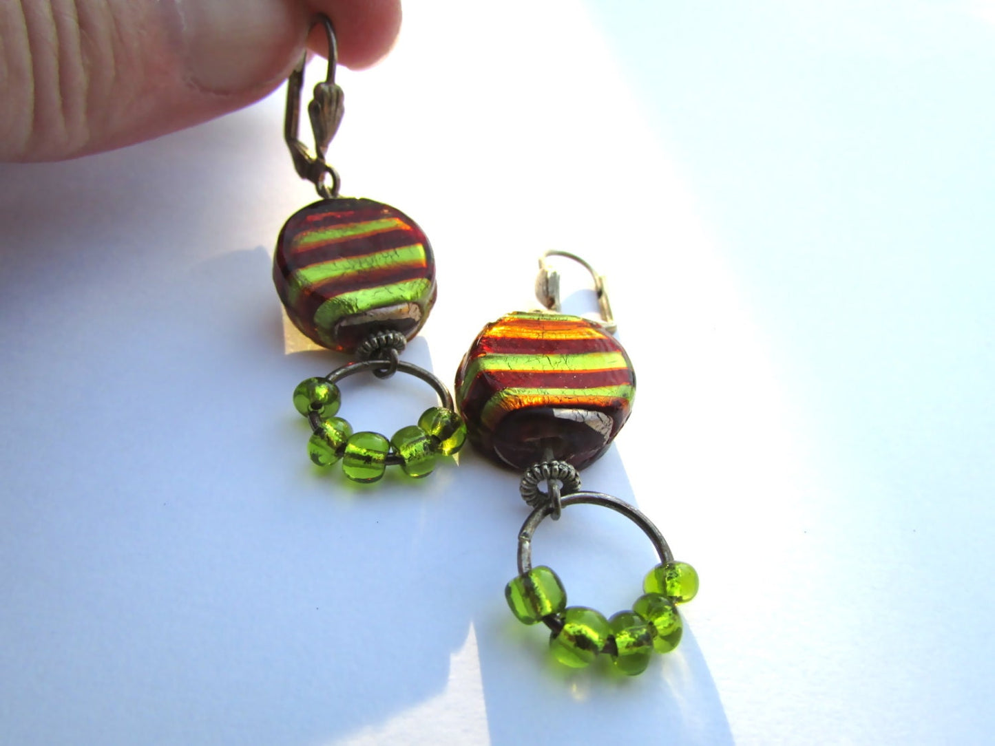 Stunning striped artisan glass and lime-toned green glass dangle hoops - vintage artisan earrings