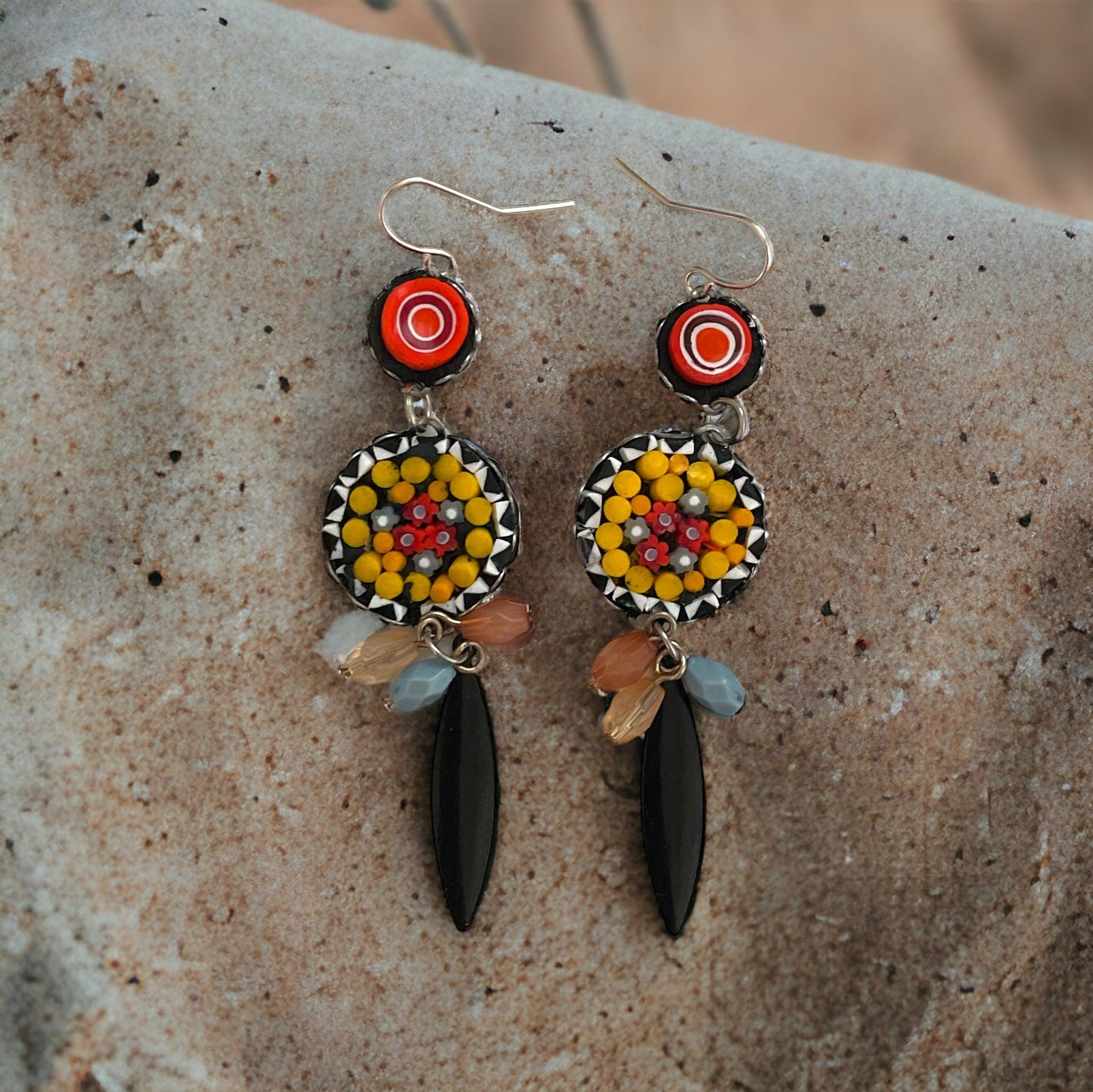 My own handmade Italian style hand cut micro mosaic millefiori glass dangle earrings