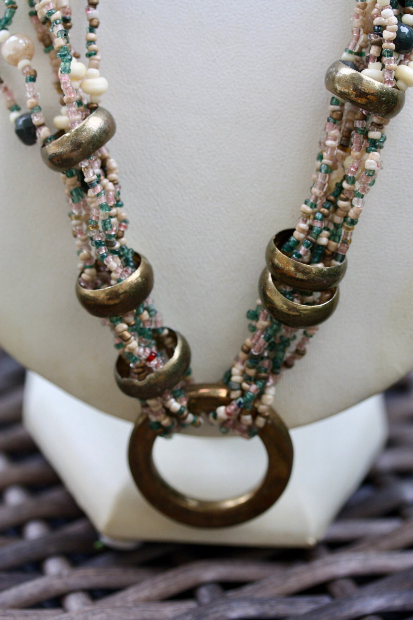 Stunning mixed material -  shades of pink, green and cream multi strand vintage necklace with adjustable hoops