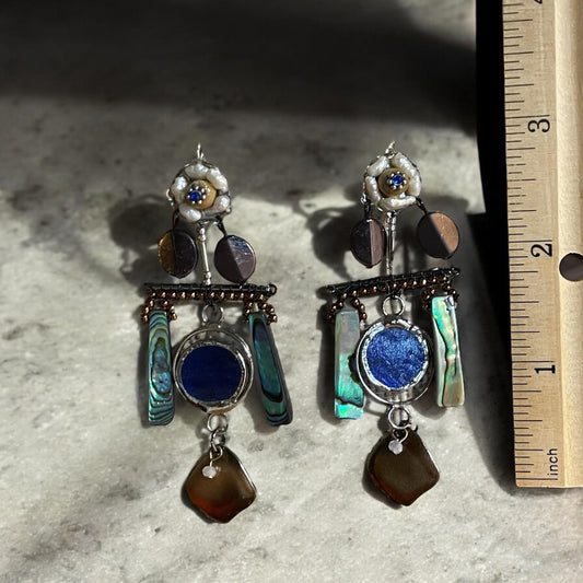 Abalone mixed media collage earrings with mixed metals and findings, pearls, wood, beadwork and abalone shells; Sterling silver ear wires