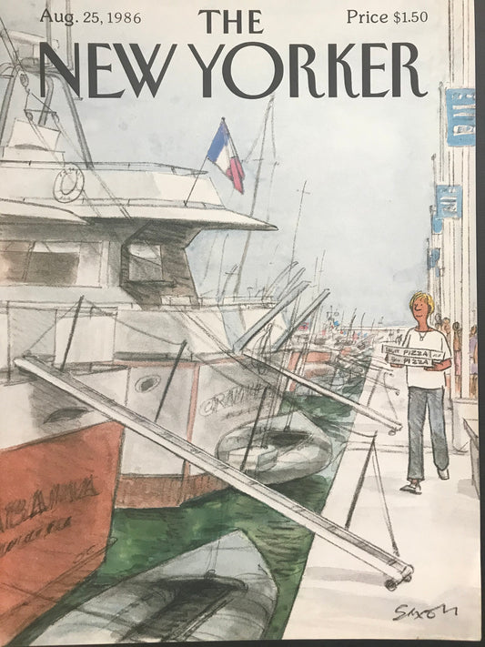 Vintage NEW YORKER Magazine original cover - August 25, 1986 - bringing pizza to a boat by artist Saxon