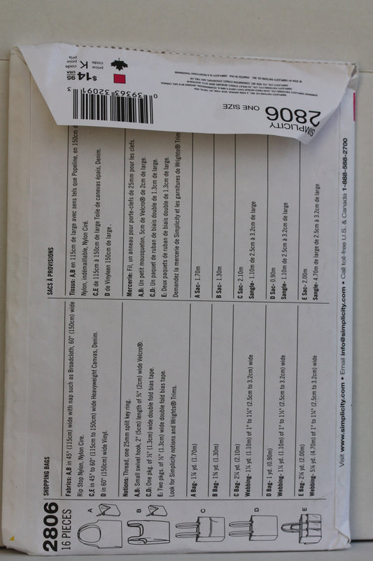 UNCUT Sewing Pattern - Simplicity Craft Shopping & Garden Bag sewing pattern #2806