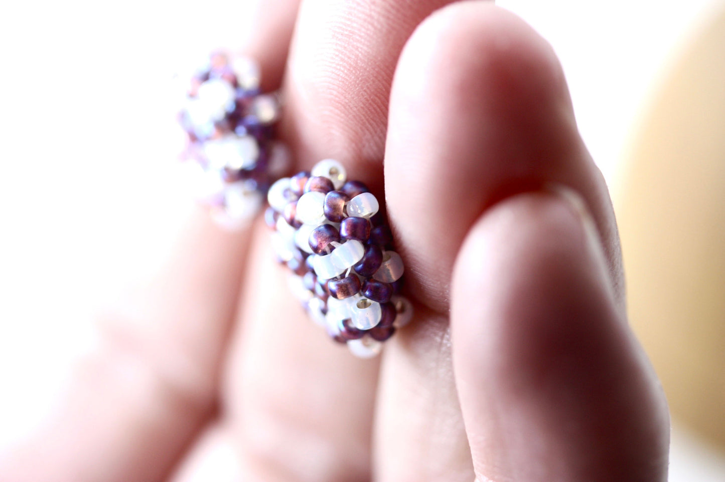 Hand beaded stud earrings - purple with drops of white glass - studs, beadwork studs, beaded studs