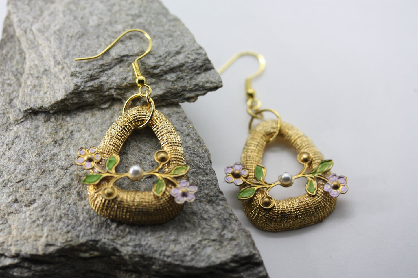 Handmade mixed material dangle earrings made of vintage and new materials
