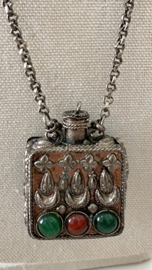 Stunning inlaid gemstone jeweled Tibetan Perfume Bottle Pendant Necklace, prayer box, snuff bottle