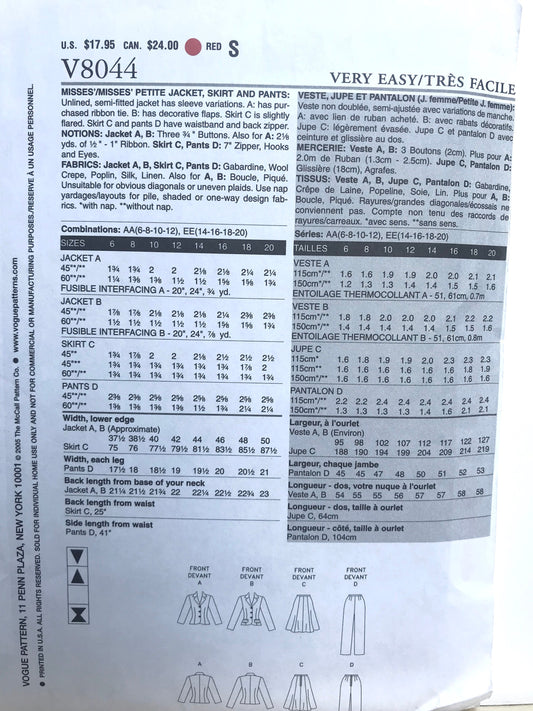 UNCUT Sewing Pattern - Very Easy Vogue Pattern V8044 - Jacket in Two Options, Flared Gored Skirt & Straight - Sizes 14-20 Leg Pants -