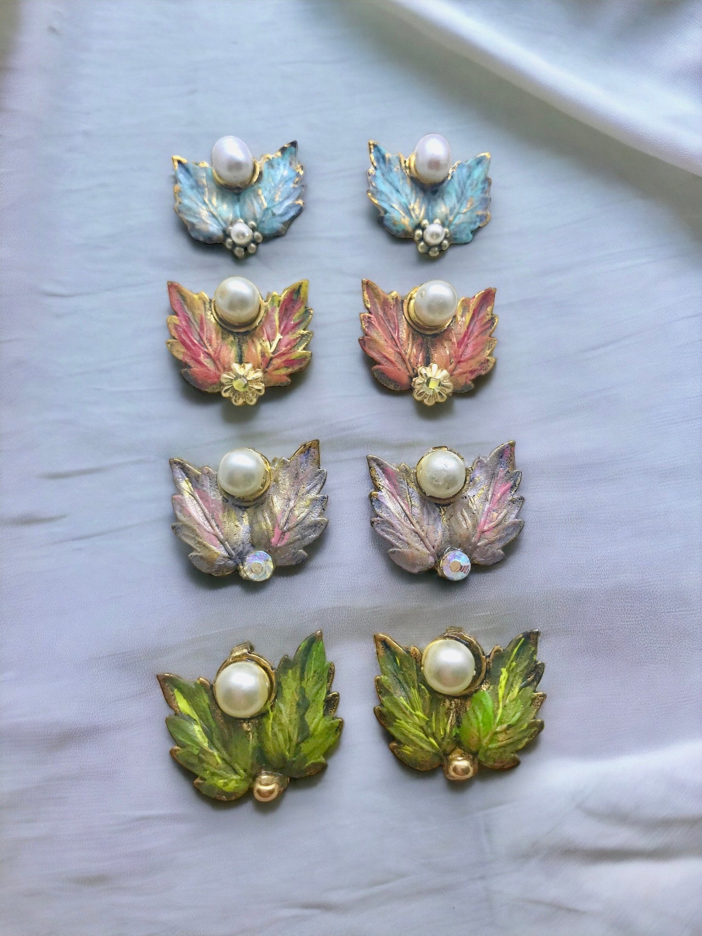 Revised, Modernized, upcycled repurposed - hand painted vintage earrings, trimmed with pearls, faux pearls, Swarovski cyrstals, rhinestones