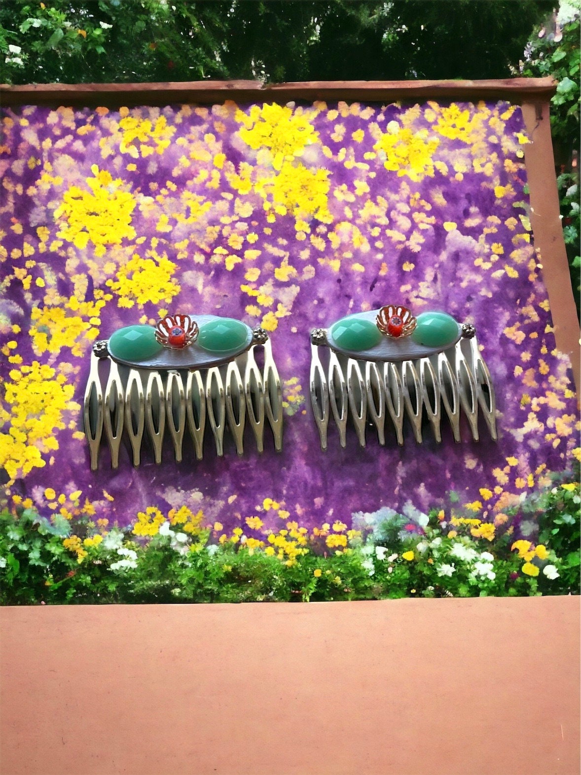 Pair of one-of-a-kind mixed medium handmade floral hair clips