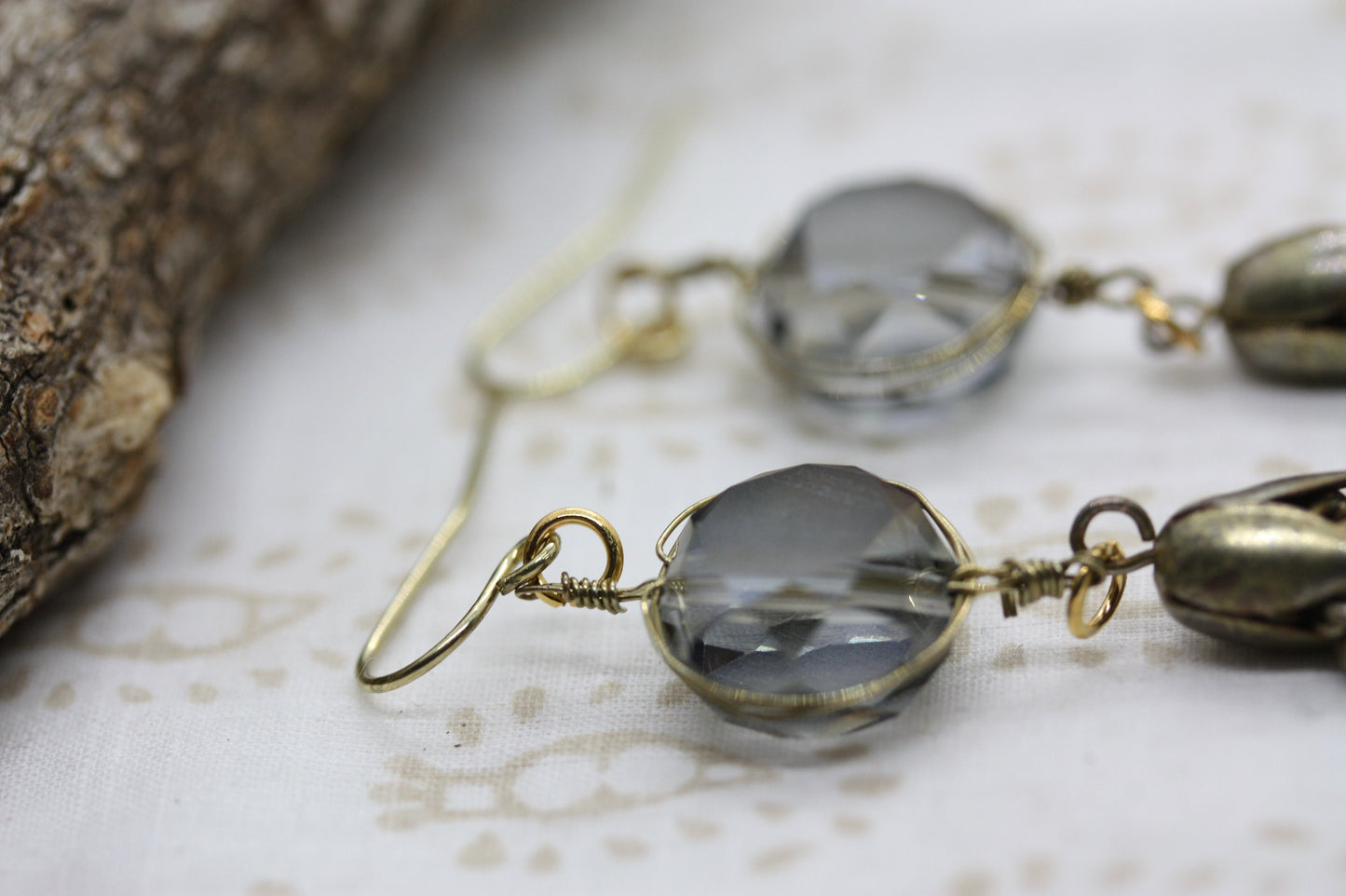 Beveled silvery blue glass and metal tassel handmade earrings
