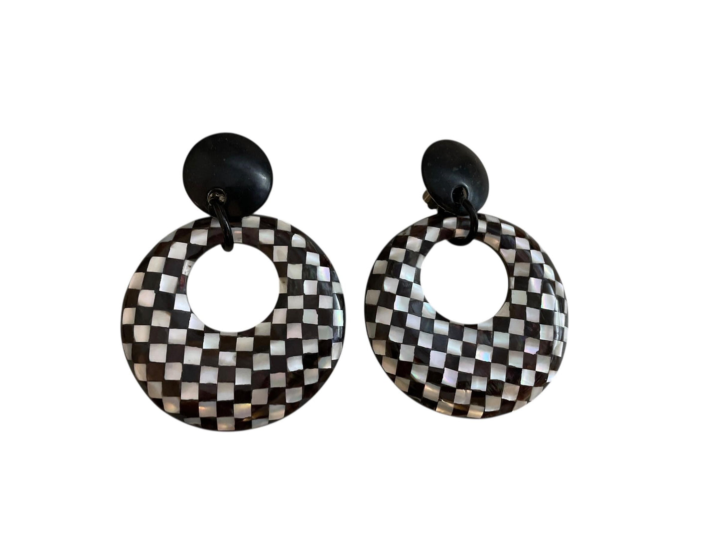 Vintage Inlaid Mother of Pearl & Black Hoop Earrings – Elegant Retro Statement Jewelry