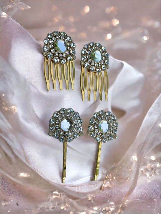 Pair of rhinestone hair combs or hair pins - all white rhinestones trimmed with tiny faux baby pearls