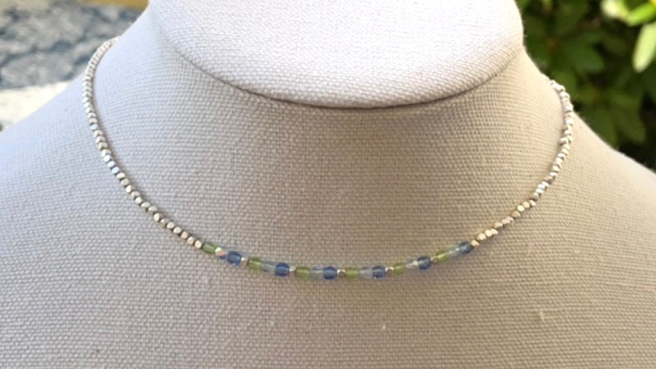 Minimalist necklace - tiny blue and green crystals with tiny silver cubed beads