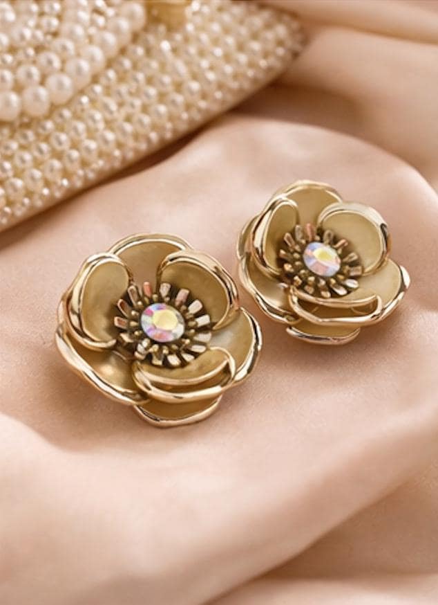 Vintage Gold Flower Clip-On Earrings with Aurora Borealis Rhinestone Centers