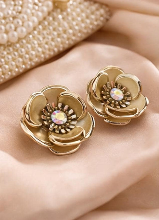 Vintage Gold Flower Clip-On Earrings with Aurora Borealis Rhinestone Centers