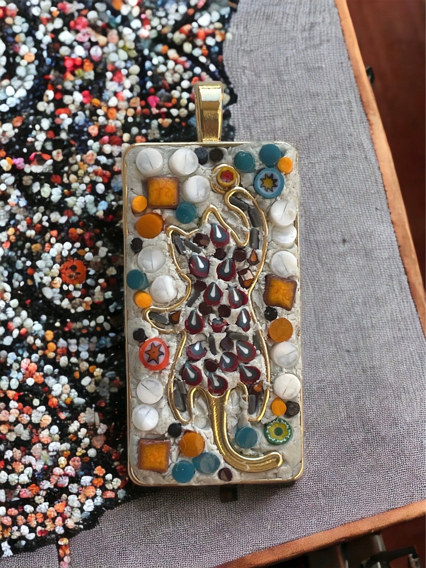 Handmade mixed material micro mosaic cat necklace - made from hand cut millefiori glass and tiles