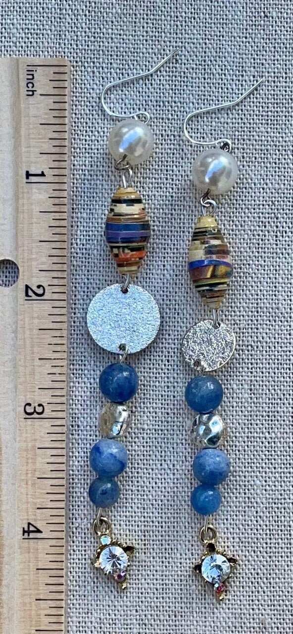 Unique long dangle earrings made with new and vintage mixed materials - metal, faux pearls, blue stones, rolled paper, vintage dangles
