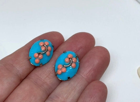 Asian inspired blue and peach floral handmade stud earrings with sterling silver ear wires