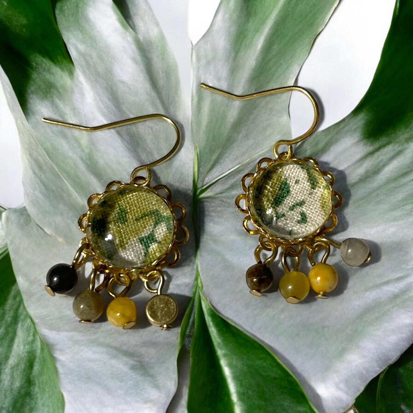 Tiny dangle earrings handmade mixed media earrings made with vintage fabric, glass cabochons, sloped ear wires and tiny dangles