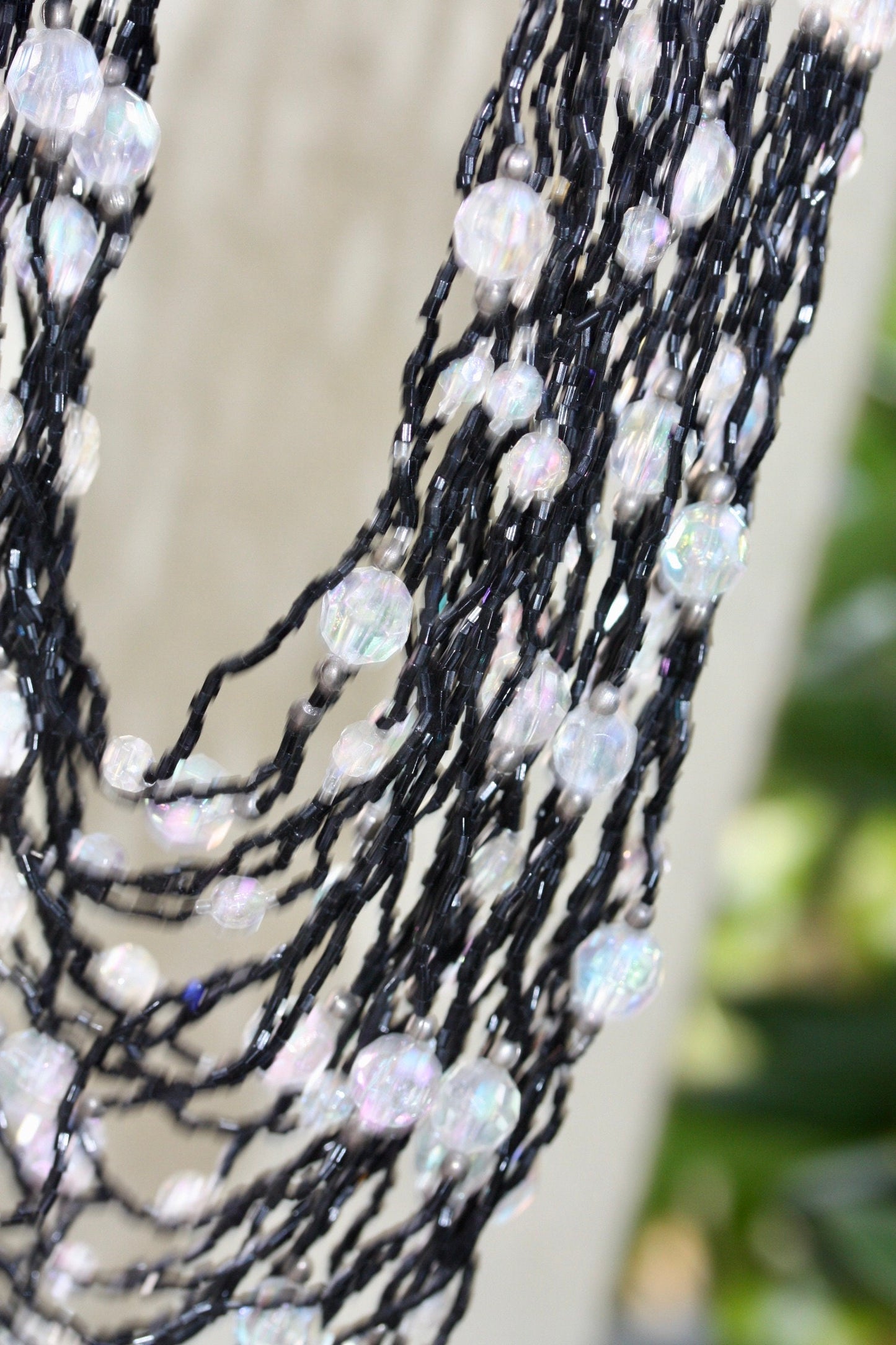 Stunning all beaded black and crystal multi strand vintage necklace