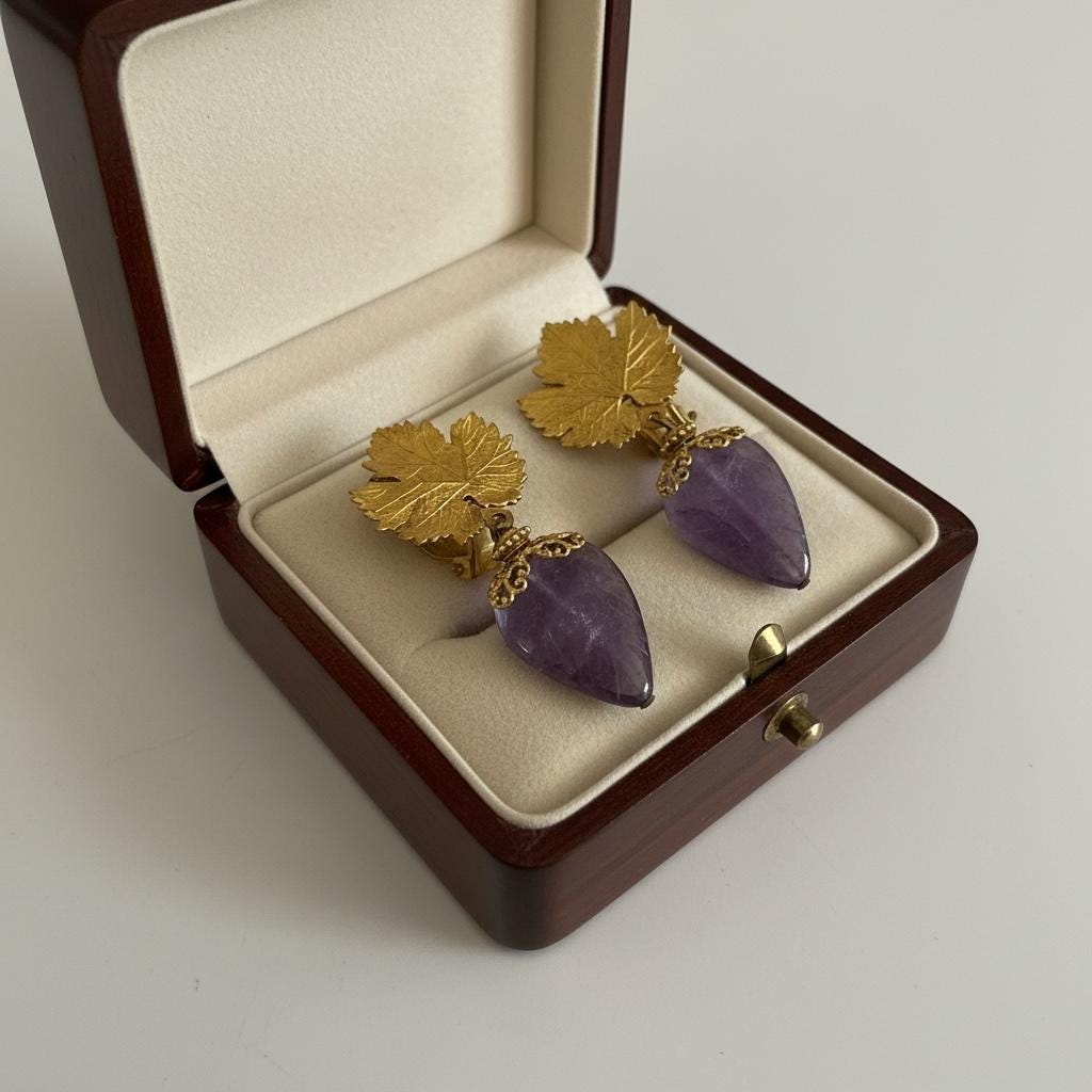 Vintage Goldtone Leaves Clip On Earrings with Carved Amethyst Drops | Retro Statement Jewelry