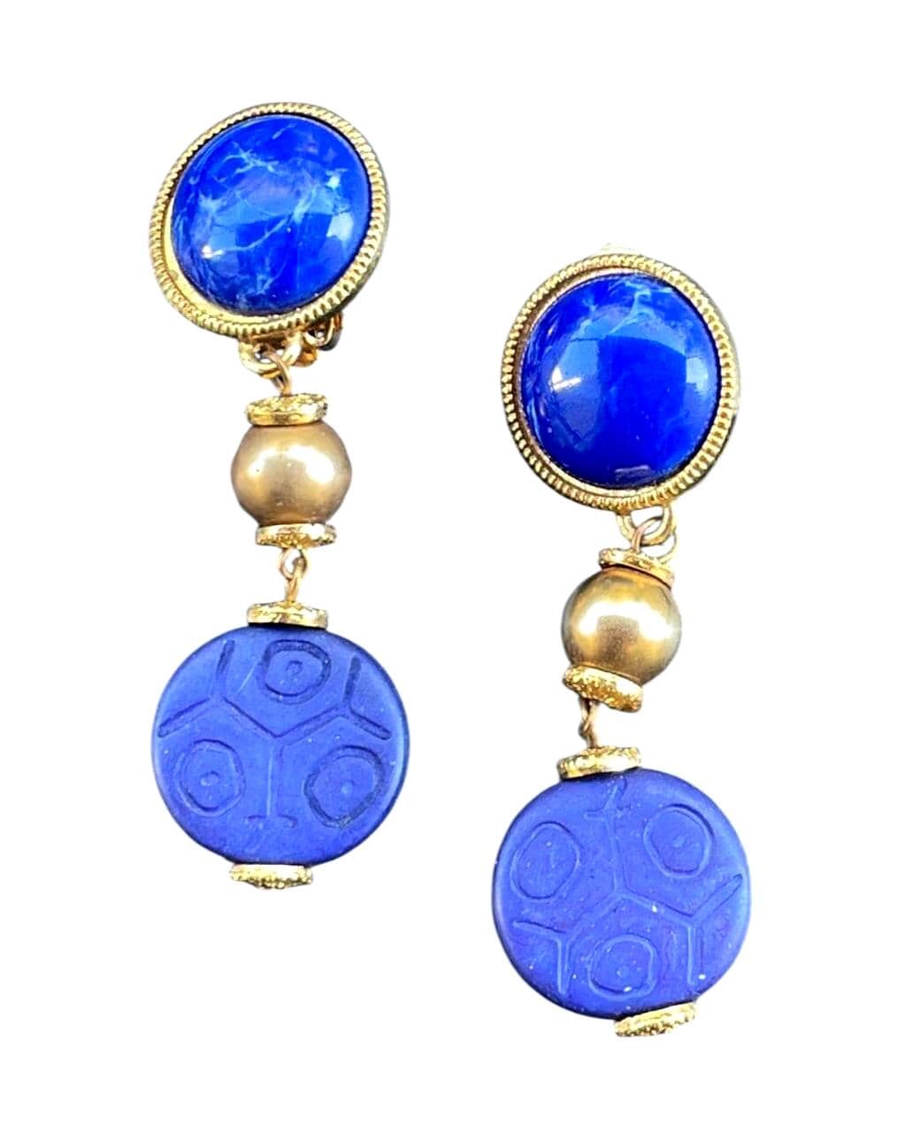 Vintage Cobalt Blue Clip On Statement Earrings | Gold Tone Dangle Earrings | Bold 1980s Fashion Jewelry | 2.5 Inch Earrings