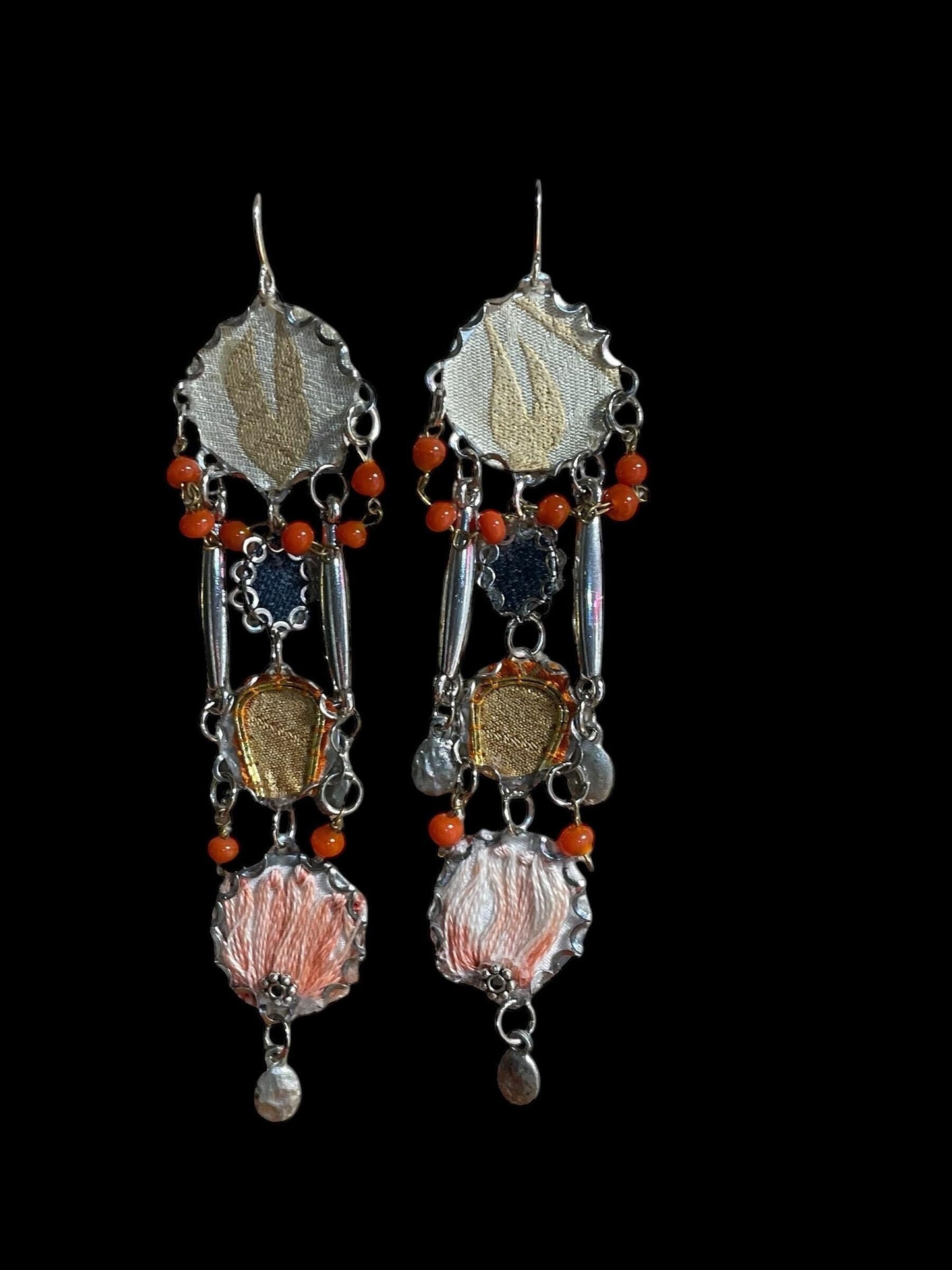 Orange and blue denim mixed media collage earrings with mixed fabrics and metals; Sterling silver ear wires