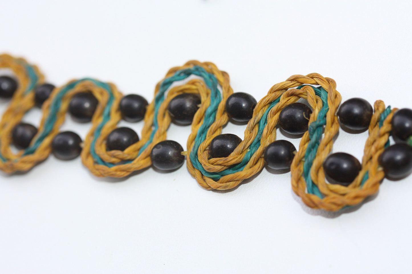Unique MCM mixed material wood and braided string turquoise and yellow vintage bracelet
