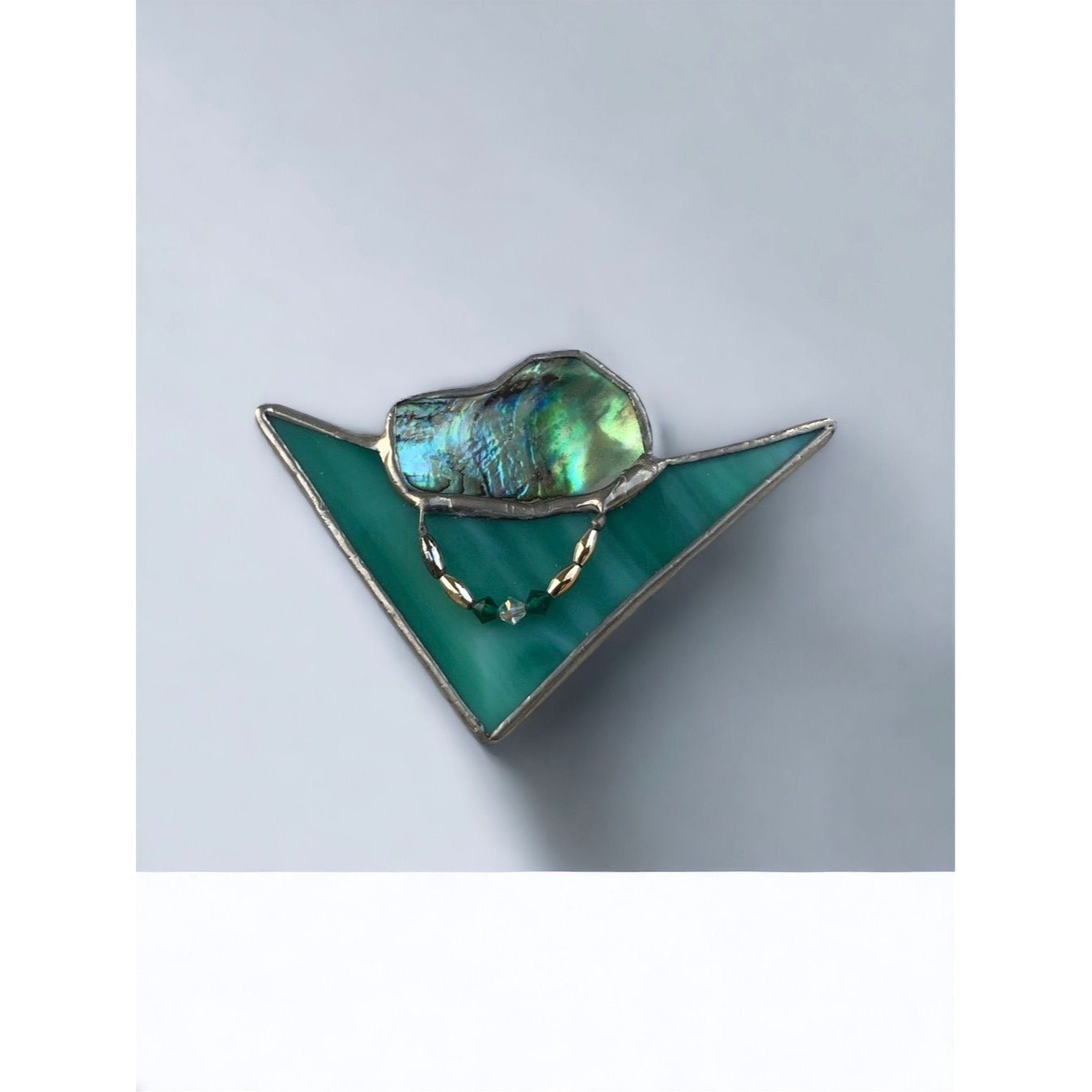 Stunning and unique 2 1/2" vintage triangular stained glass pin with abalone and beadwork