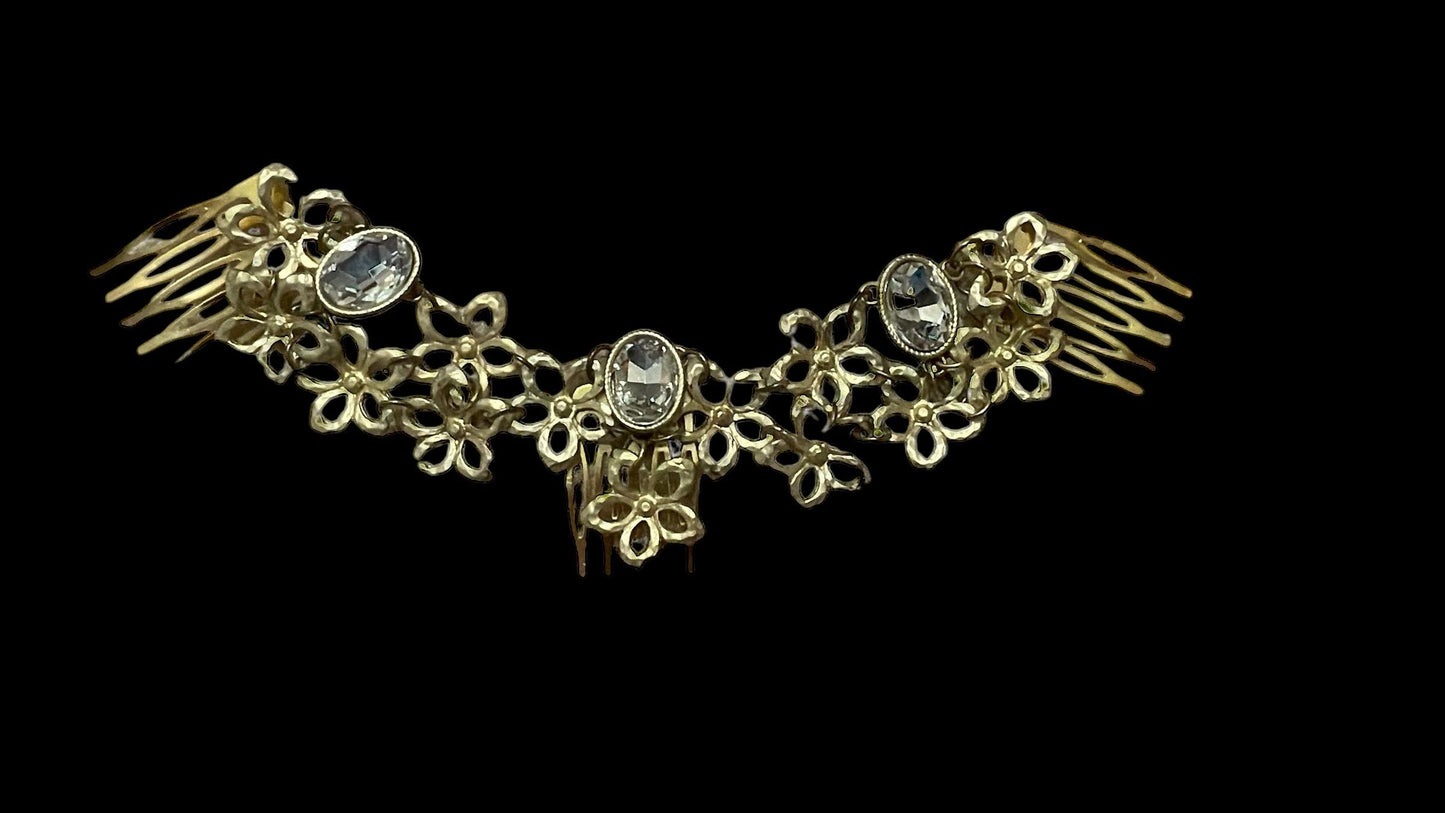 Mixed material upcycled hair accessory - hair clip - gold metal flowers and rhinestones