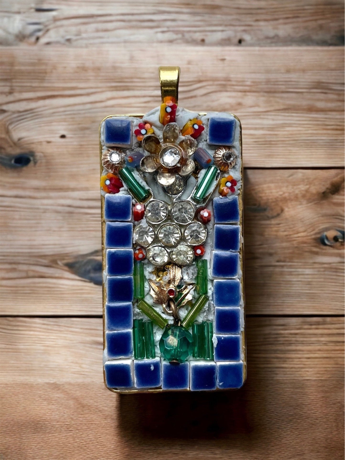 Mixed Material Micro Mosaic - tile, glass, metal and rhinestones - Assemblage art necklace pendant