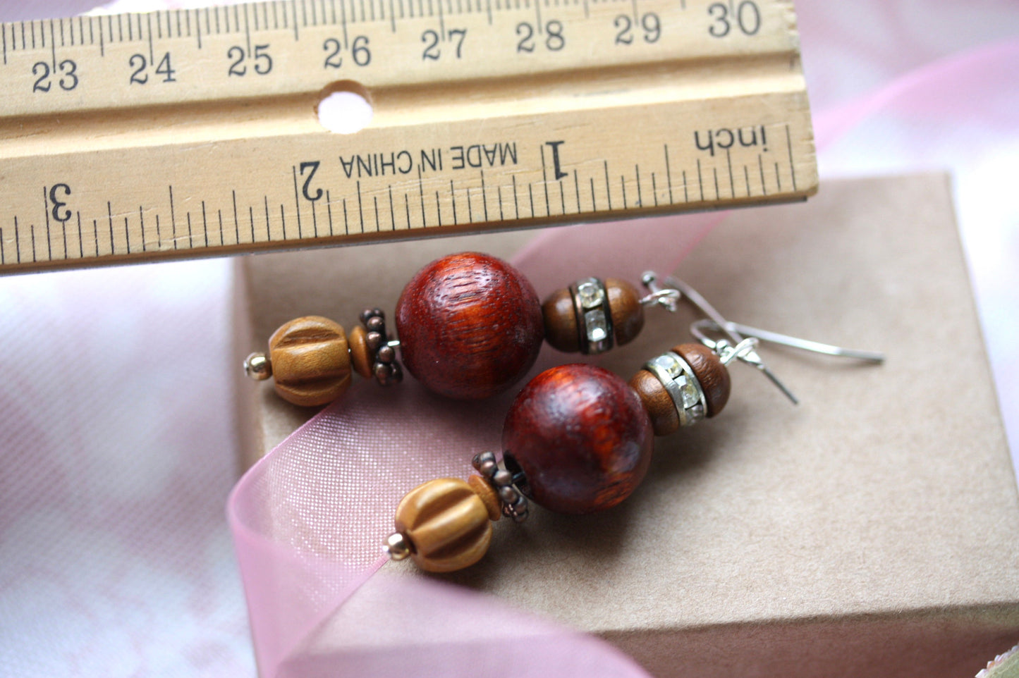 Metal, crystal rhinestone and wood handmade dangle earrings with vintage, upcycled and new elements