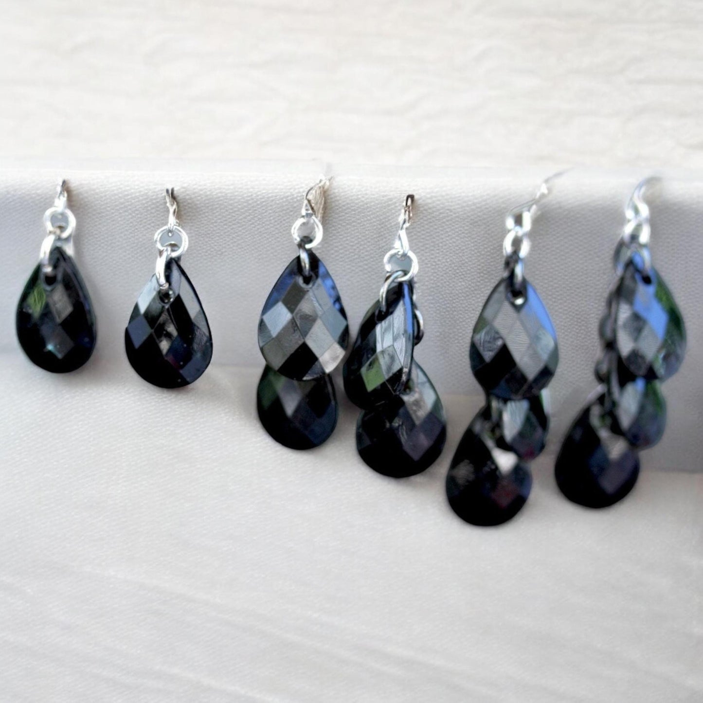 Black faceted teardrop dangle earrings - your choice: one drop, two drops or three drops