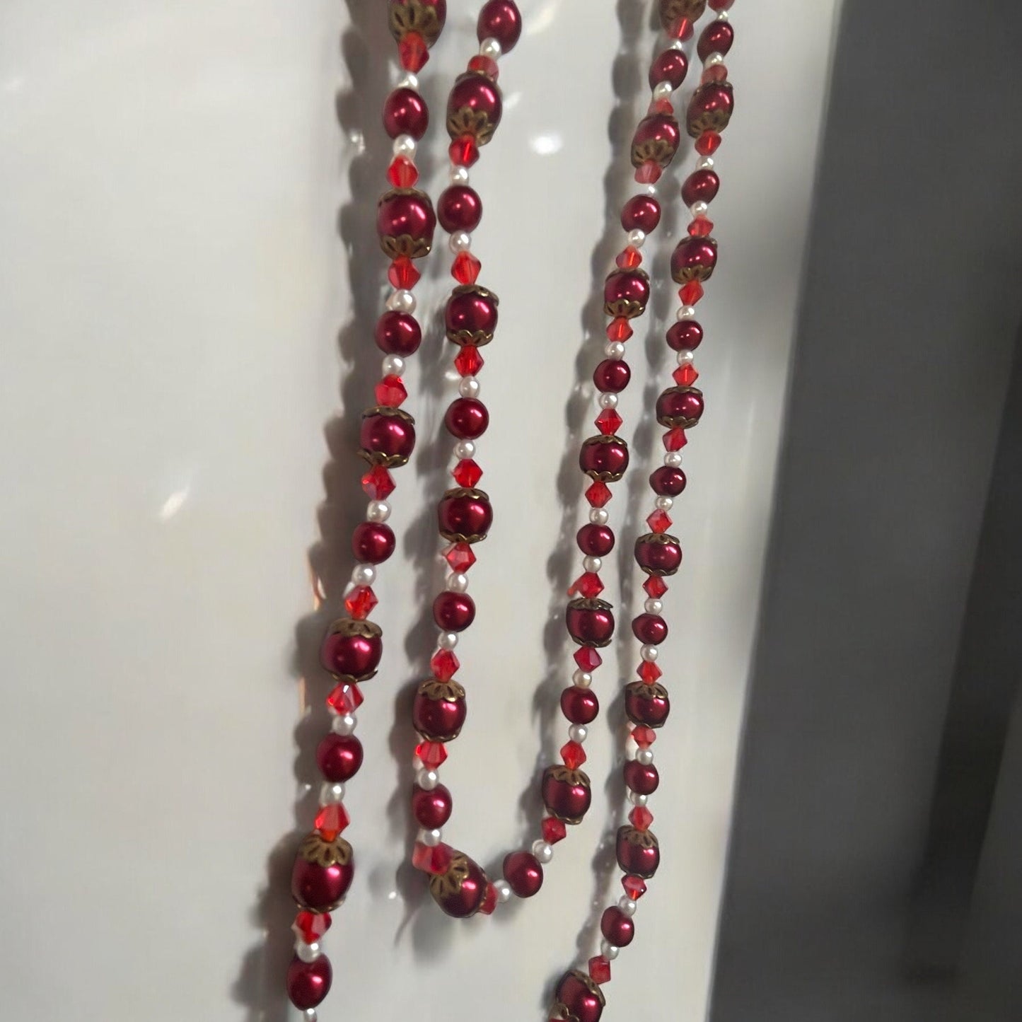 Long vintage red pearl necklace with red bicone crystals and white faux pearls