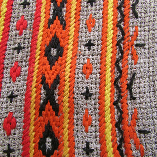 Vintage Embroidered Bag - Burnt Orange Burlap Drawstring Pouch with Tassel Detail