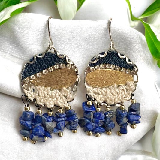 Ocean inspired dangle earrings with Lapis Lazuli, denim, rhinestones, crocheted vintage lace, textured gold findings and sterling ear wires.