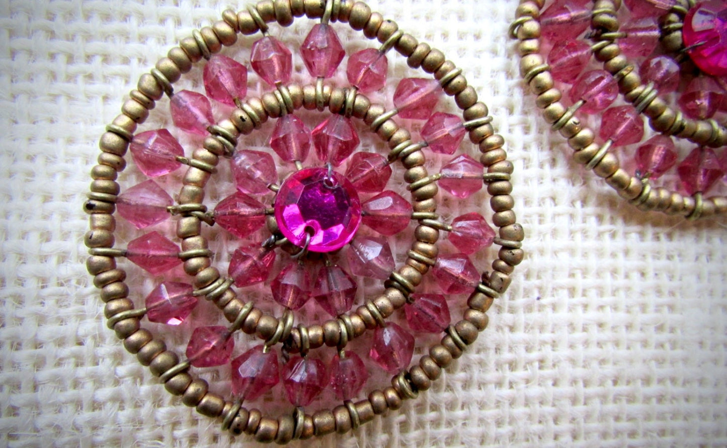 Very long handcrafted vintage pink & gold beaded earrings - mandala style