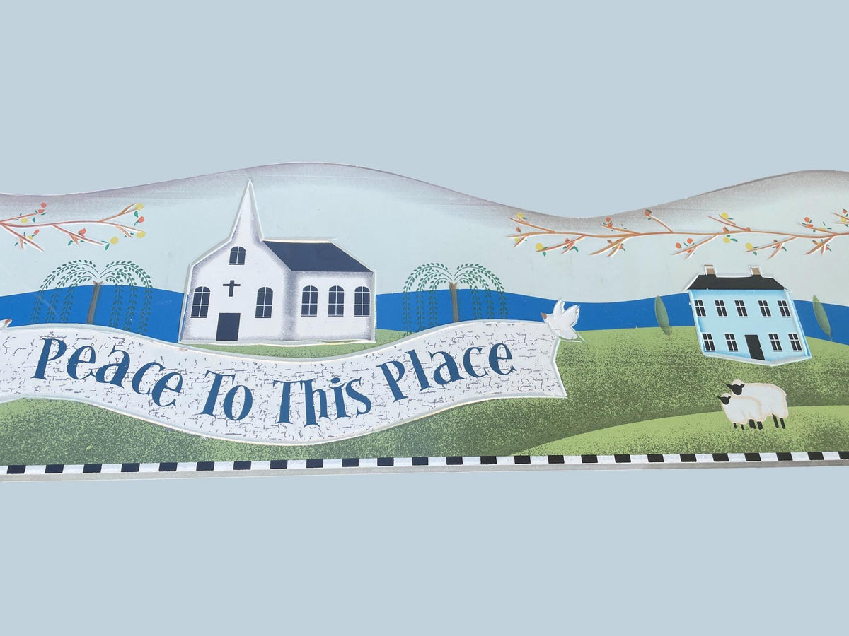 Folk Art Wooden Wall Plaque – “Peace to This Place” Country Village Scene with Sheep & Church – Primitive Farmhouse Decor